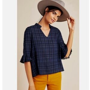Dolan for Anthropology Tandy Plaid Blouse Blue & Black Ruffle Sleeve Top, Small